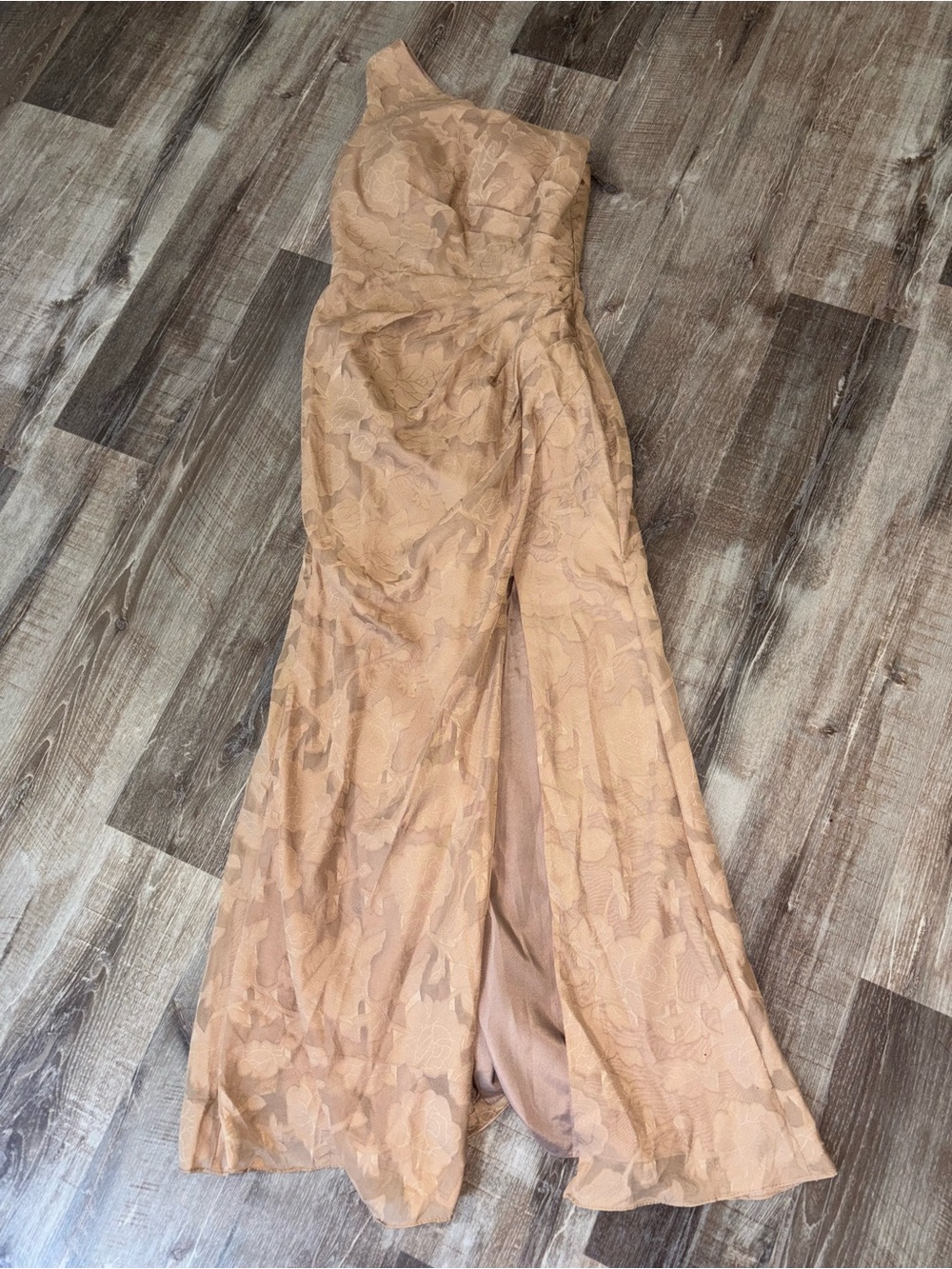 One-Shoulder Lace Evening Gown in Nude